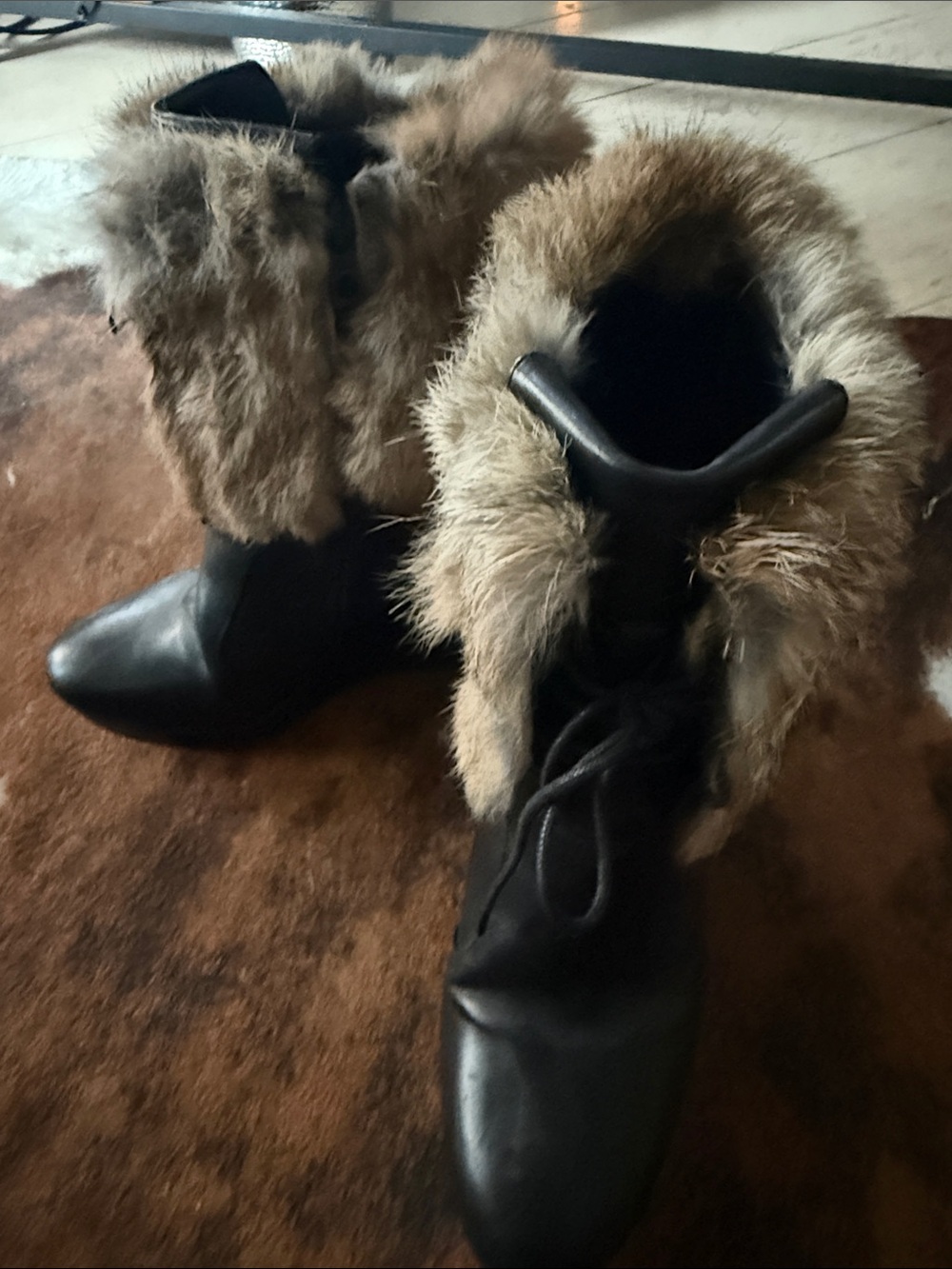 RUDSAK Black Leather Lace-Up Ankle Boots with Brown Fur Cuff